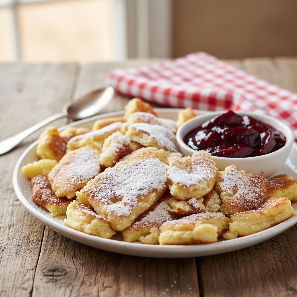 Ein weißer Teller mit frisch zubereitetem Kaiserschmarrn, bestäubt mit Puderzucker und serviert mit einer Schale roter Konfitüre auf einem rustikalen Holztisch.