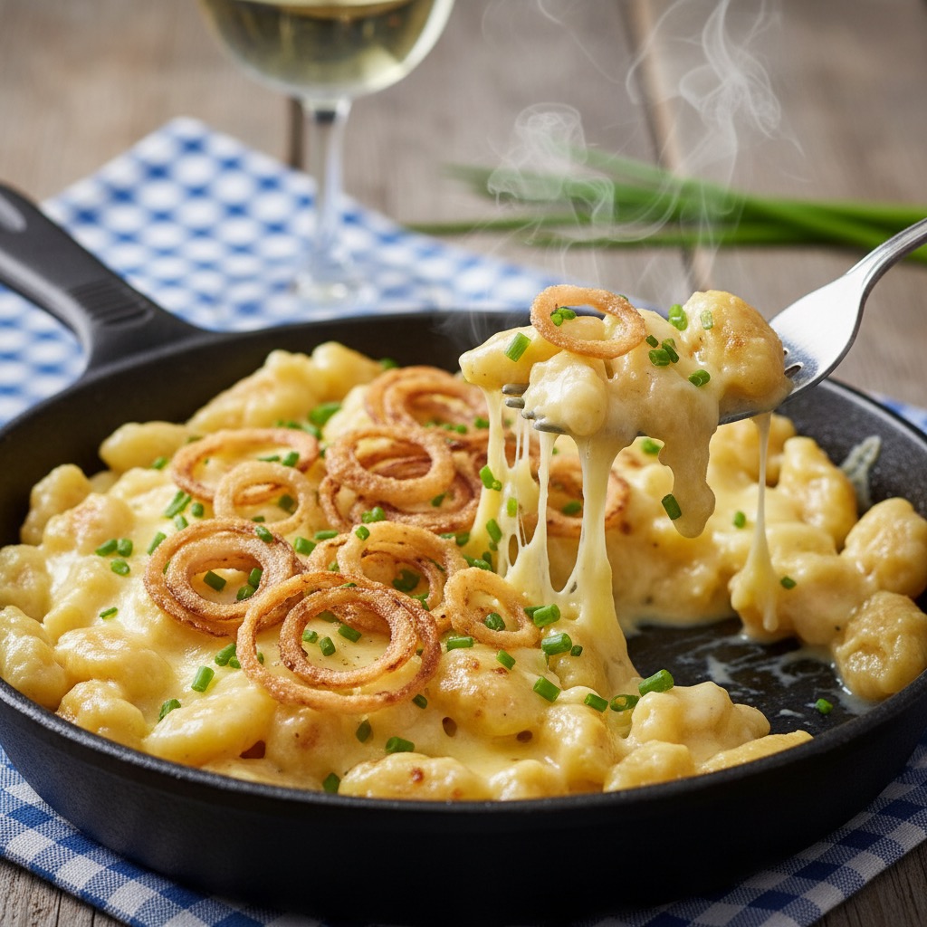 Kässpätzle in einer schwarzen Gusseisenpfanne, wobei eine Gabel eine portion geschmolzenem Käse mit Fäden heraushebt und Dampf aufsteigt.
